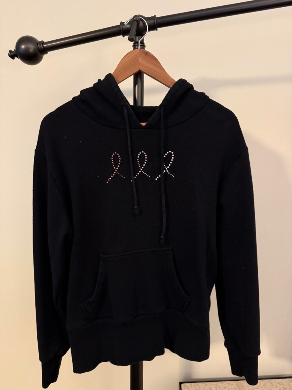 Breast Cancer Awareness Rhinestone Ribbon Hoodie Sweatshirt Size L
